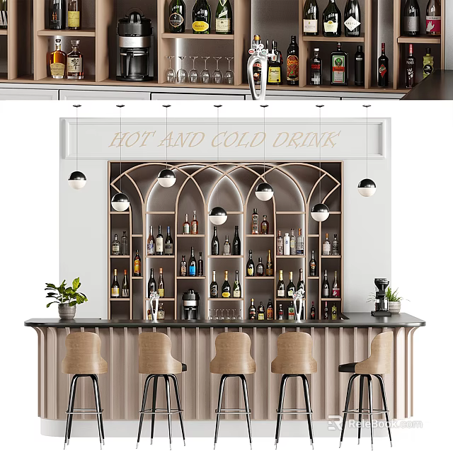 Modern Bar Counter With Wooden Wine Racks Bar Stools Pendant Lights And Hot Cold Drinks 3d model 