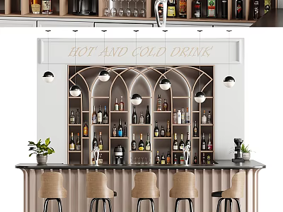 Modern Bar Counter With Wooden Wine Racks Bar Stools Pendant Lights And Hot Cold Drinks 3d model