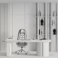 Modern Dark Desk and Red Leather Chair with Bookshelf Sculptures Near White Vertical Striped Wall