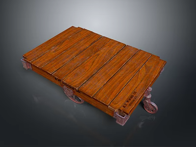 Rustic Wooden Platform Cart With Four Metal Casters And Textured Surface 3d model