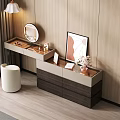 Modern Wooden Dressing Table With Round Mirror White Stool And Decorative Painting