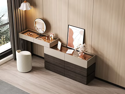 Modern Wooden Dressing Table With Round Mirror White Stool And Decorative Painting 3d model