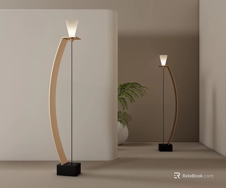 Modern Arc Floor Lamp With Gold Metal Frame Black Base And Indoor Green Plant 3d model 