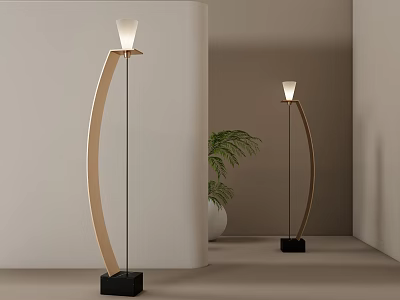 Modern Arc Floor Lamp With Gold Metal Frame Black Base And Indoor Green Plant 3d model