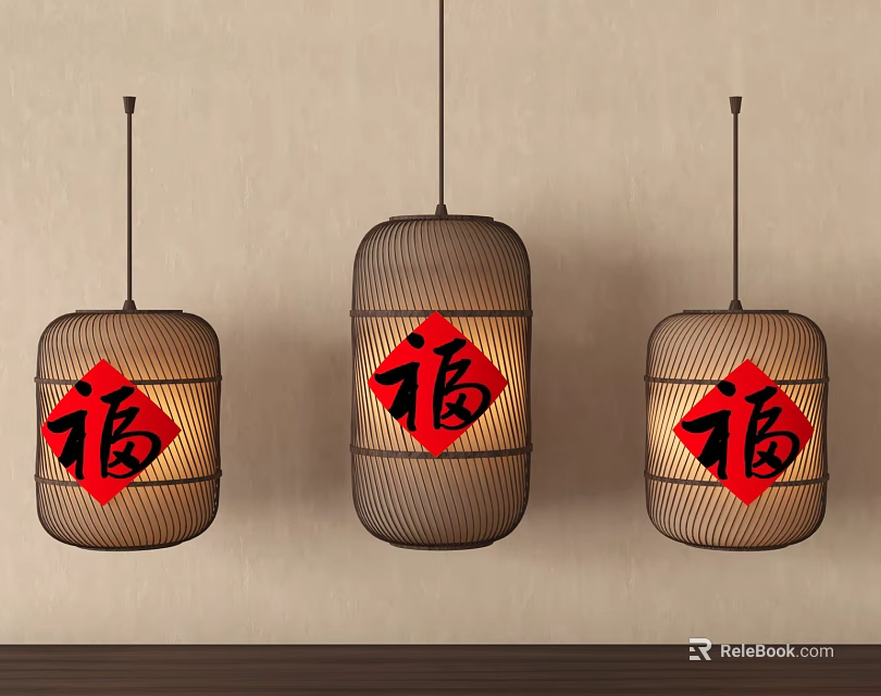 Traditional Wicker Lanterns with Red Fu Characters Hanging on Beige Wall 3d model 