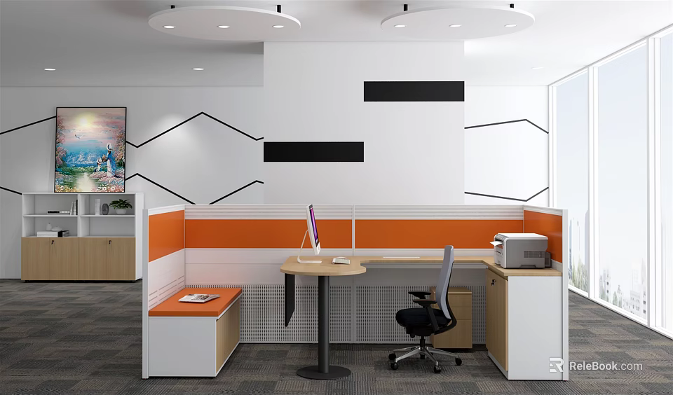 Modern Office Workstation Design With Desk Chair Decorative Wall And Storage Cabinet 3d model 