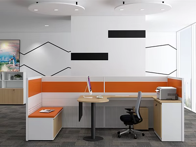 Modern Office Workstation Design With Desk Chair Decorative Wall And Storage Cabinet 3d model