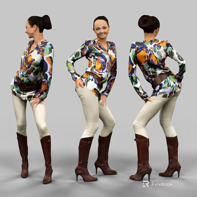 Fashionable Woman Wearing Colorful Printed Top White Tight Pants And Brown Boots 3d model 