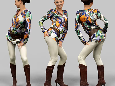 Fashionable Woman Wearing Colorful Printed Top White Tight Pants And Brown Boots 3d model