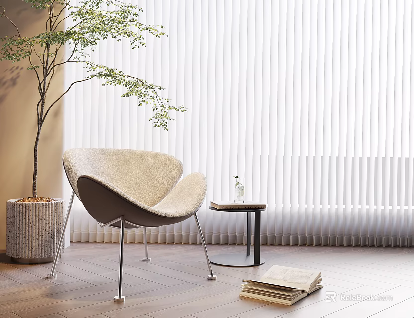 Upholstered Accent Chair with Potted Plant White Blinds Wooden Floor Small Round Table and Books 3d model 