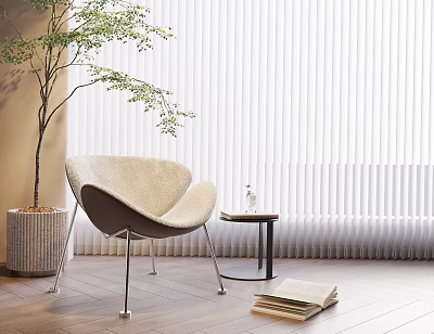 Upholstered Accent Chair with Potted Plant White Blinds Wooden Floor Small Round Table and Books 3d model
