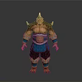 Muscular Fantasy Warrior Character With Golden Helmet Spiked Shoulders Blue Waist Guard And Ornate Details