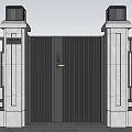 Modern Black Double Door Entrance Gate With White Pillars Top Decorations And Green Shrubs