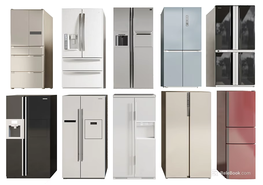 Modern Refrigerators and Freezers With Various Styles Different Colors and Designs 3d model 