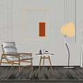 Wooden Lounge Chair with Small Round Side Table Abstract Painting Orange White Golden Leaf Decor