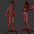 Two People Skateboarding In Casual Outfits On Dark Background 3d model