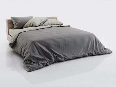 Minimalist Double Bed With Gray Bedding And Wooden Headboard In Clean Setting 3d model