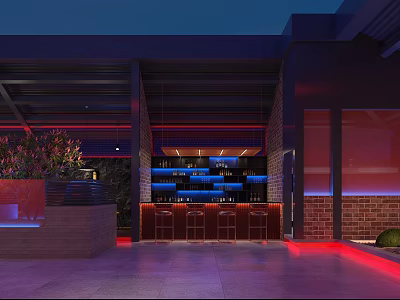 Modern Outdoor Restaurant With Red Brick Design Bar Counter Blue Red Lighting And Plant Decor 3d model
