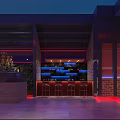 Modern Outdoor Restaurant With Red Brick Design Bar Counter Blue Red Lighting And Plant Decor