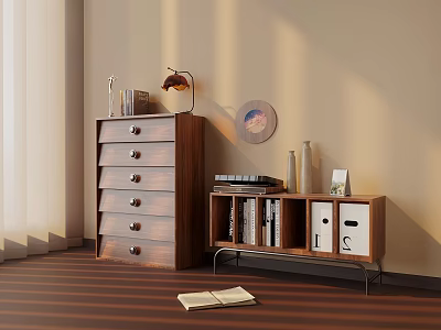 Wooden Chest Of Drawers Shelf Unit With Books Lamp Art And Open Book In Room 3d model