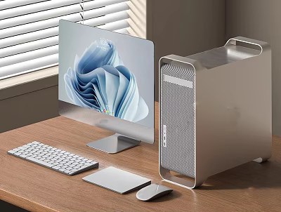Modern Desktop Computer Setup With Monitor PC Case Keyboard Mouse And Wooden Desk 3d model