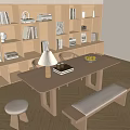 Minimalist Study Room Interior With Wooden Bookshelves Books Table Lamp And Long Wooden Table