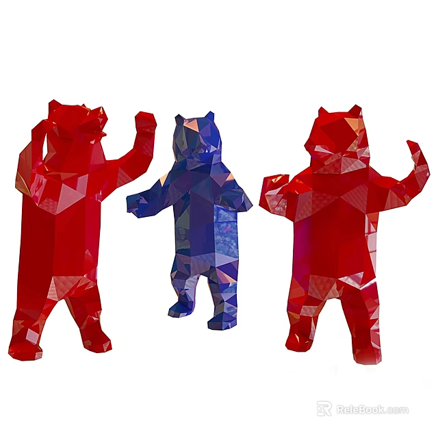 Colorful Geometric Bear Sculptures In Red And Blue With Different Poses Design 3d model 