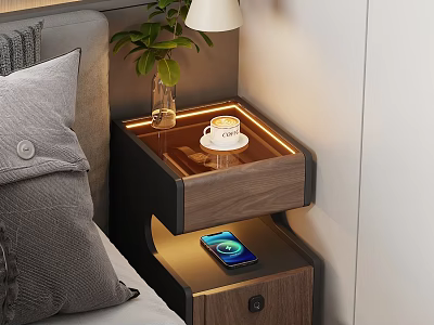Modern Wooden Nightstand With LED Light Lamp Green Plant Coffee Cup And Phone 3d model