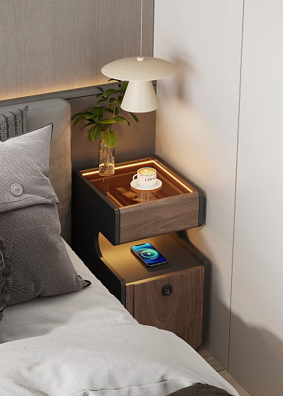Modern Wooden Nightstand With LED Light Lamp Green Plant Coffee Cup And Phone 3d model