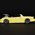 Yellow Modified Sports Car With Open Hood Exposed Engine And Lowered Stance