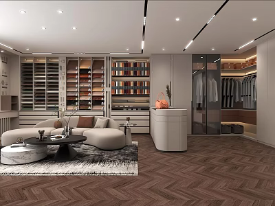 Modern Elegant Boutique Store Interior With Display Shelves Sofa And Herringbone Flooring 3d model