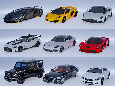 Assorted Car Models Featuring Sports Cars SUVs Sedans In Yellow Red White Black 3d model