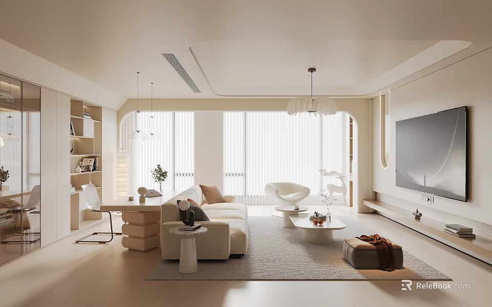 Modern Living Room Interior Design With Beige Sofa Round Chair And Floor to Ceiling Windows 3d model 