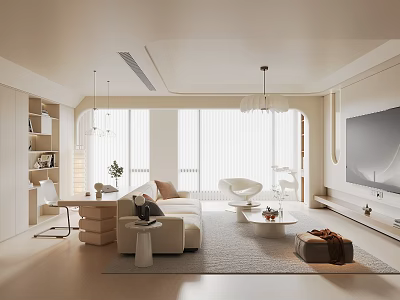 Modern Living Room Interior Design With Beige Sofa Round Chair And Floor to Ceiling Windows 3d model
