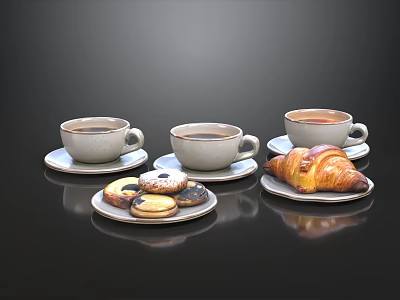 Delicious Coffee with Assorted Cookies and Croissant on Black Surface 3d model