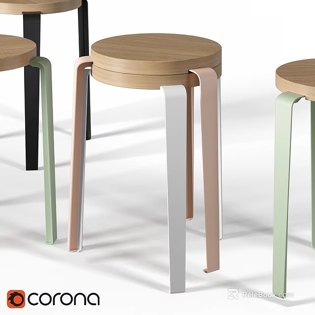 Stylish Modern Bar Stools With Round Wooden Oak Seat And Colorful Metal Legs 3d model 