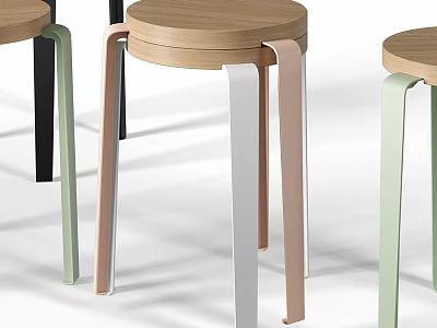 Stylish Modern Bar Stools With Round Wooden Oak Seat And Colorful Metal Legs 3d model