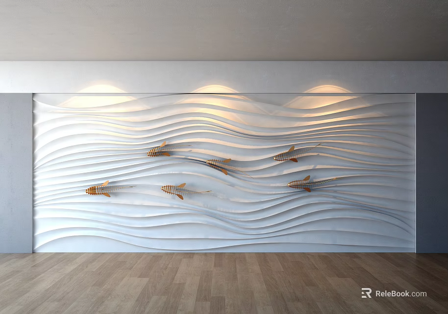 Modern White Wavy Wall With Golden Fish Decorations Lighting And Wooden Floor 3d model 