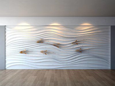 Modern White Wavy Wall With Golden Fish Decorations Lighting And Wooden Floor 3d model