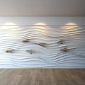 Modern White Wavy Wall With Golden Fish Decorations Lighting And Wooden Floor