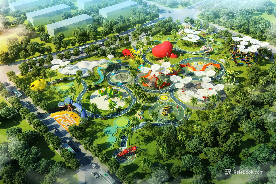 Amusement Park Aerial View With Colorful Rides And Lush Greenery 3d model 