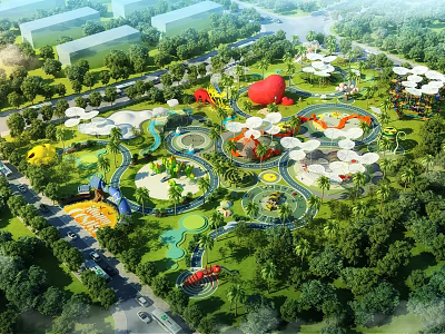 Amusement Park Aerial View With Colorful Rides And Lush Greenery 3d model