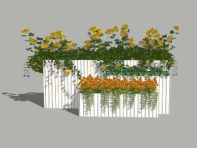 White Wooden Flower Planters with Yellow Flowers Orange Blooms and Trailing Greenery Decoration 3d model
