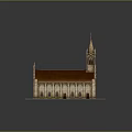 Cartoon Church Scene Featuring Spire Arched Windows Brown Roof And Stone Structure