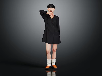 Black Shirt Dress With Matching Cap White Socks And Orange Shoes Fashion Outfit 3d model