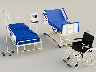 Essential Medical Equipment Collection With Adjustable Bed Wheelchair IV Stand And Patient Monitor 3d model