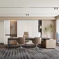 Modern Office Interior Design With Wooden Desk Ergonomic Chairs Cabinets And Green Plants
