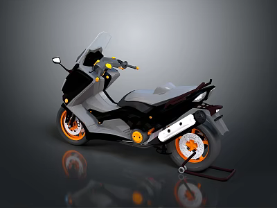 Stylish Modern Gray Motorcycle With Orange Wheels And Windshield Design 3d model