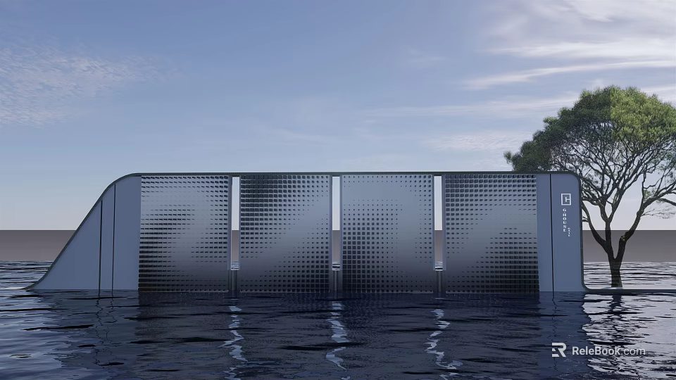 Modern Screen Wall With Geometric Hollow Design Water Reflection Blue Sky And Tree 3d model 