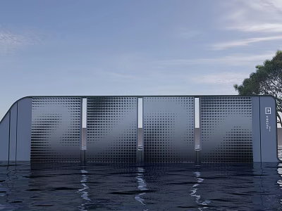 Modern Screen Wall With Geometric Hollow Design Water Reflection Blue Sky And Tree 3d model
